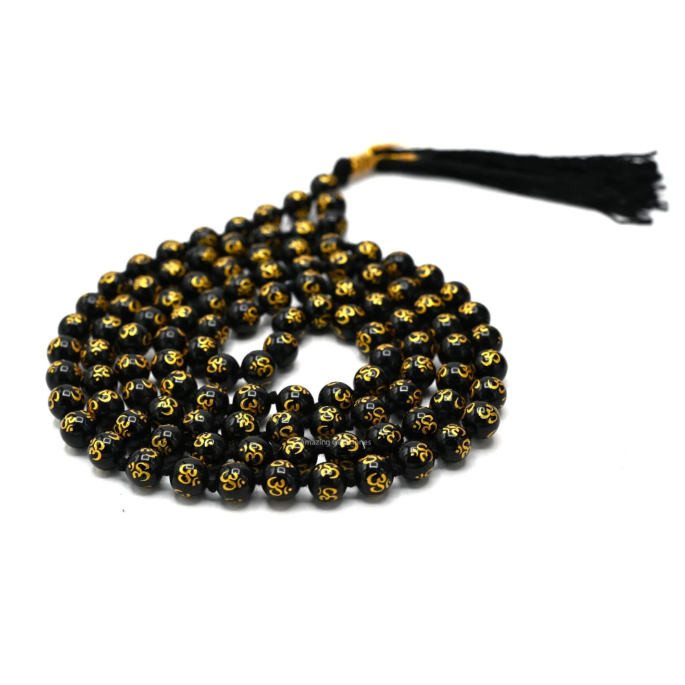 Black Agate Mala (Om) (Hand Knotted)