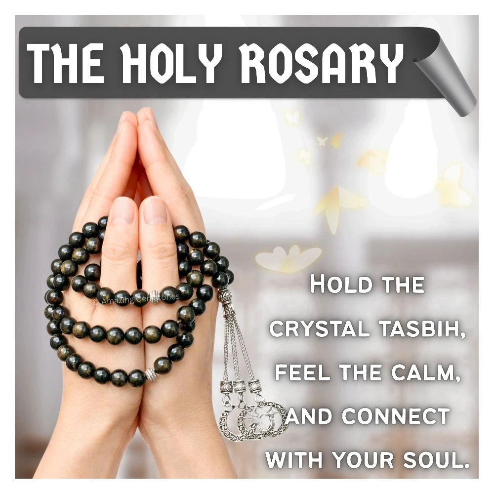 Gold Sheen Obsidian Crystal Tasbeeh Sibha Prayer Beads (Silver)