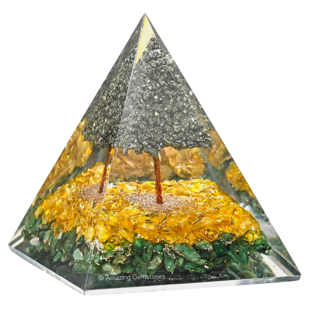 Green Aventurine, Citrine Orgone Pyramid with Pyrite Tree - 70 mm