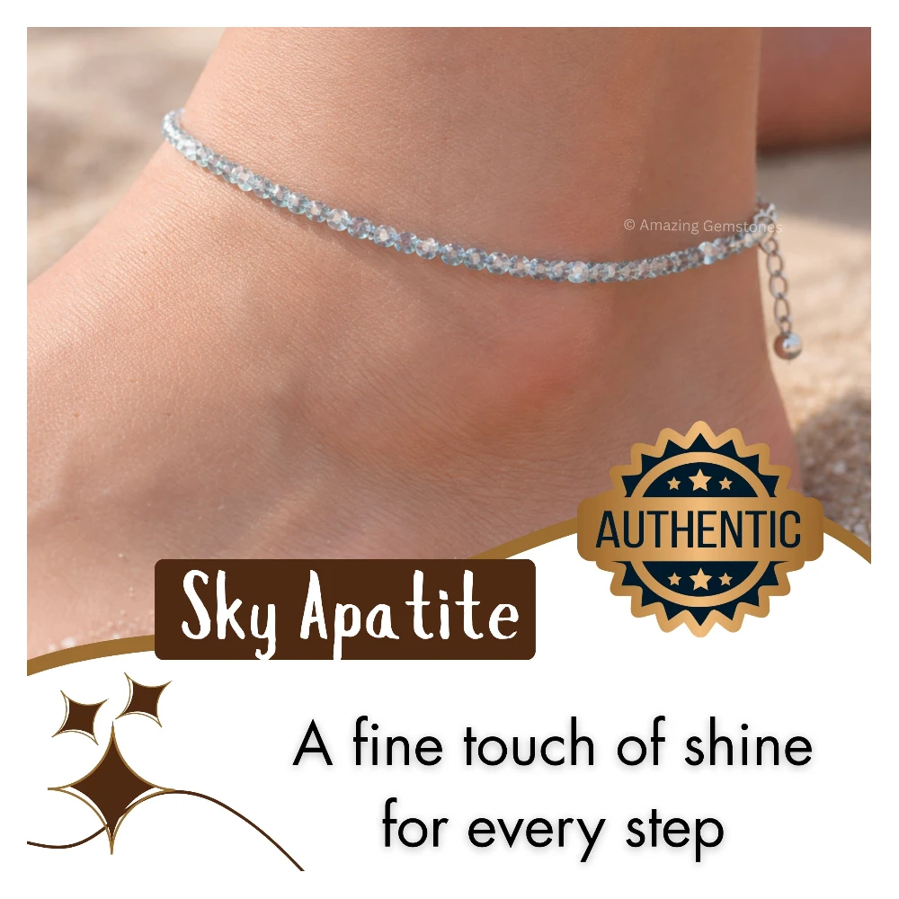 Sky Apatite Crystal Anklet - 2mm Faceted Bead (Silver)