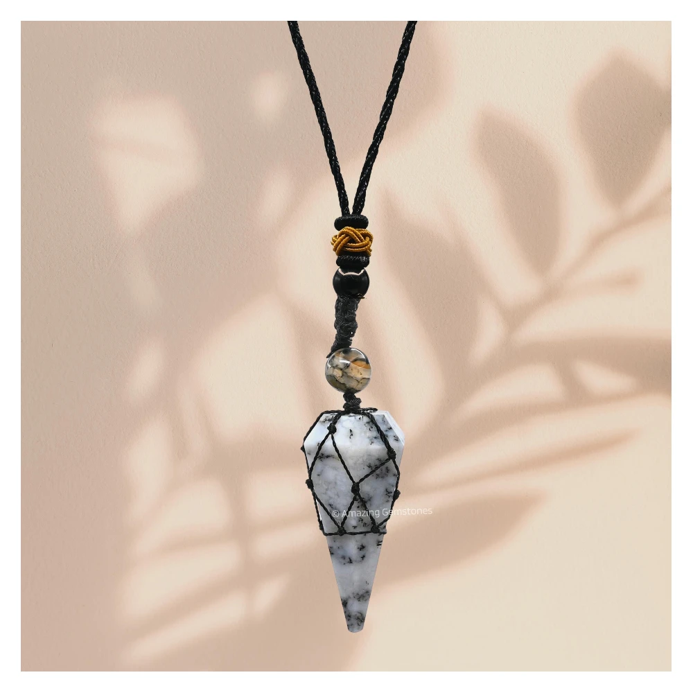 Dendrite Opal Pendulum Pendant Necklace (Macrame)