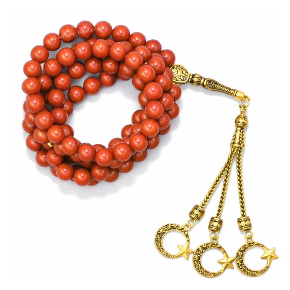 Red Jasper Crystal Tasbeeh Sibha Prayer Beads (Gold)