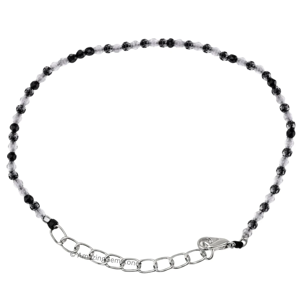 Black Rutilated Quartz Crystal Bracelet - 2mm Faceted Bead (Silver)