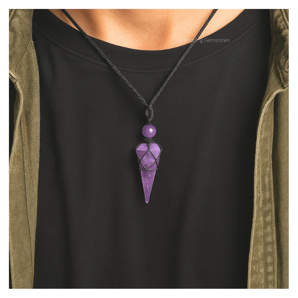 Lepidolite Pendulum Pendant Necklace (Macrame)