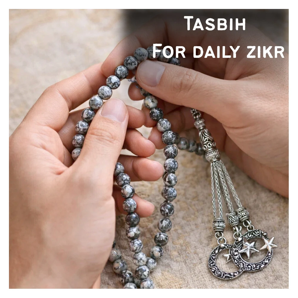 Black Picasso Crystal Tasbeeh Sibha Prayer Beads (Silver)