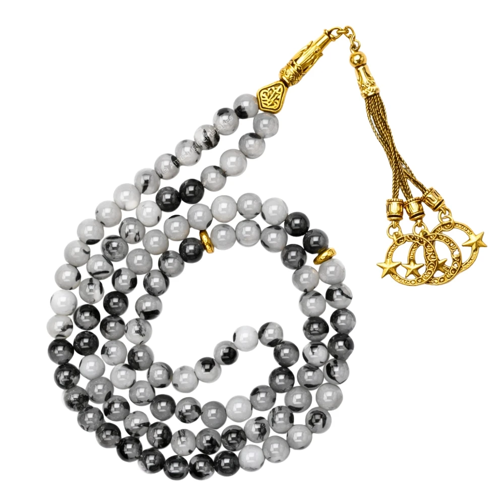 Black Rutilated Quartz Crystal Tasbeeh Sibha Prayer Beads (Gold)