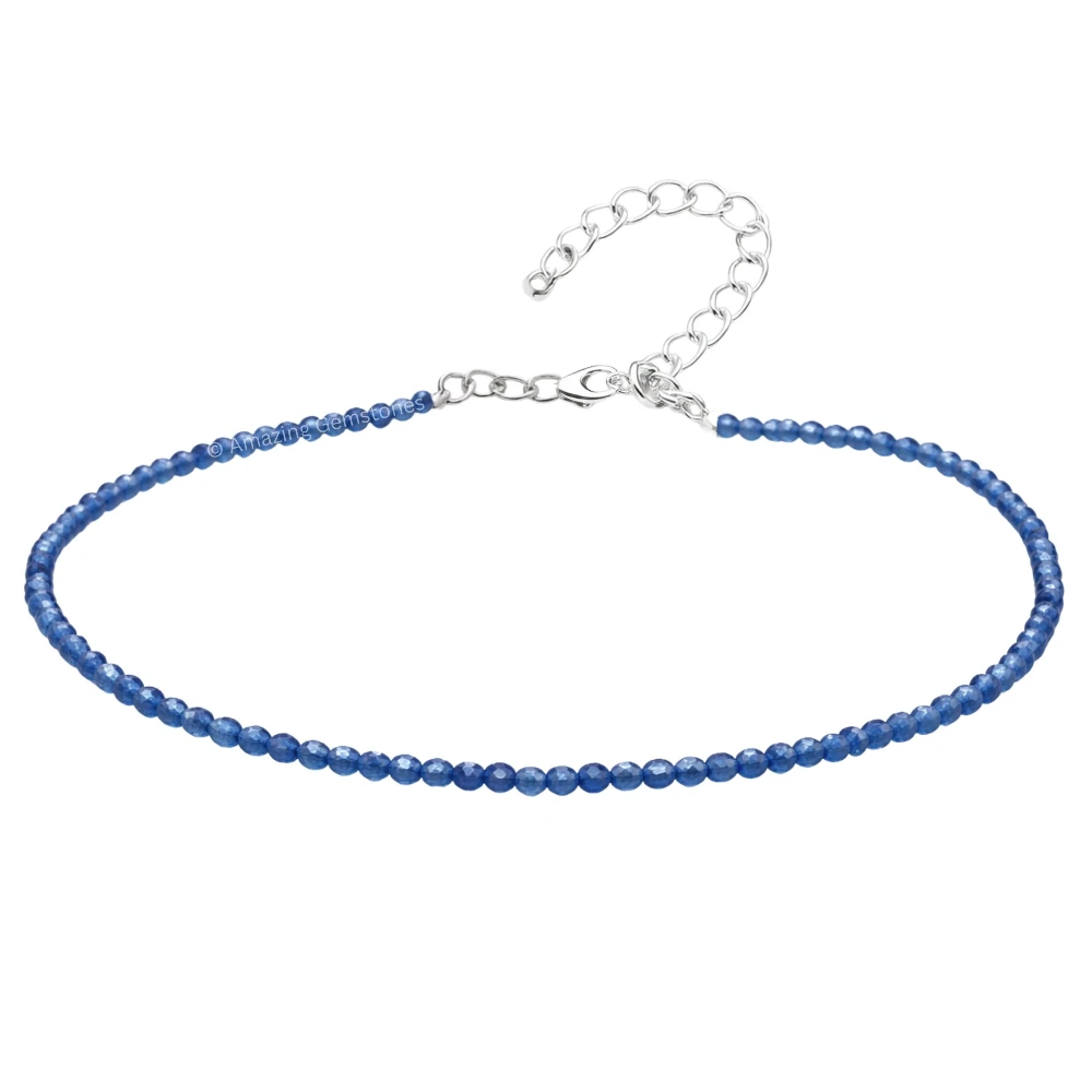 Dark Blue Chalcedony Crystal Anklet - 2mm Faceted Bead (Silver)