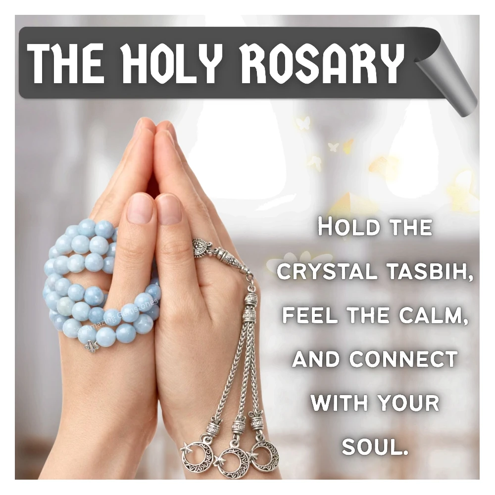 Aquamarine Crystal Tasbeeh Sibha Prayer Beads (Silver)