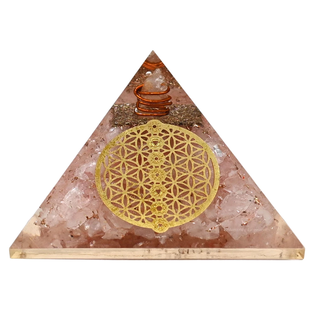 Rose Quartz Orgone Pyramid - Chakra Flower of Life