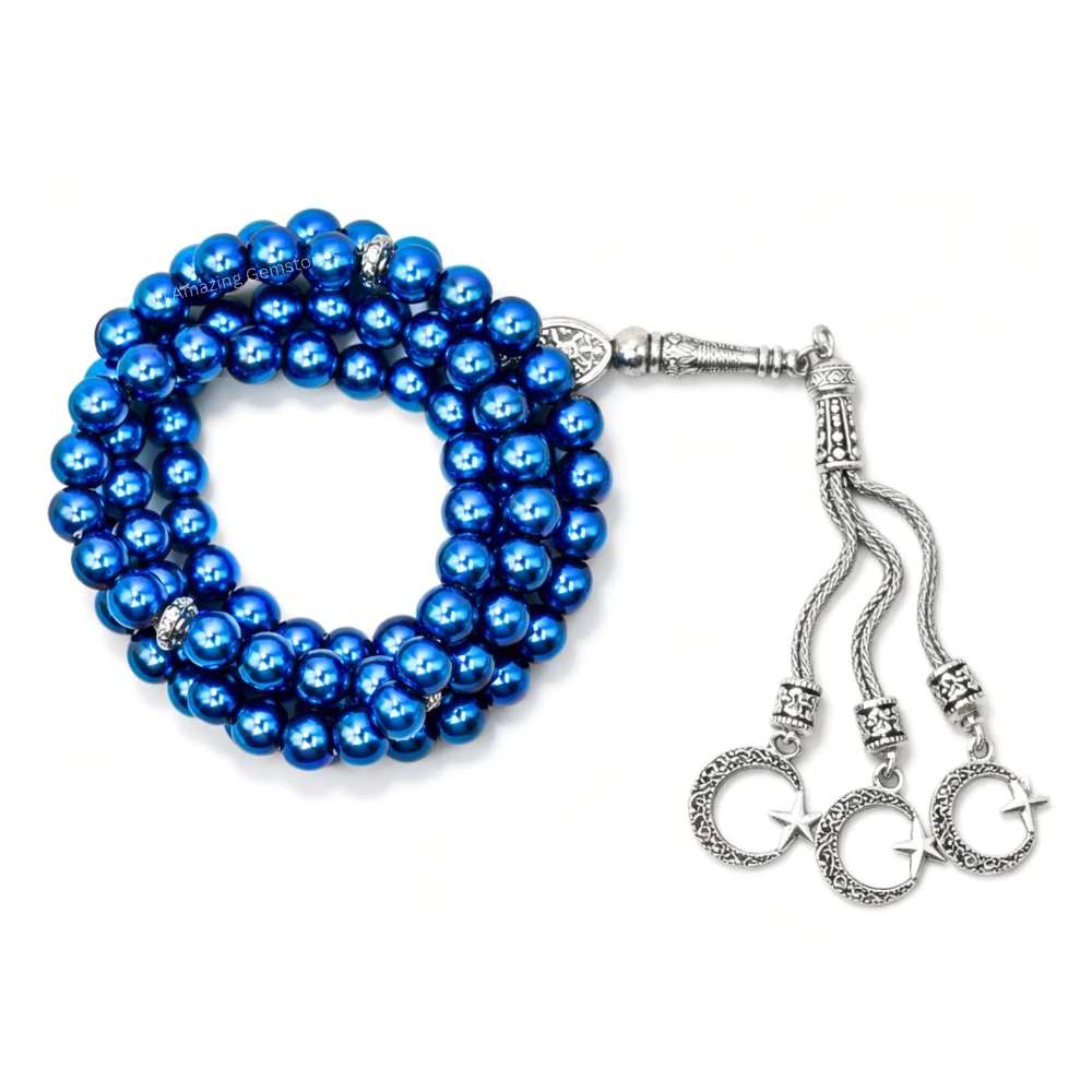 Blue Hematite Crystal Tasbeeh Sibha Prayer Beads (Silver)