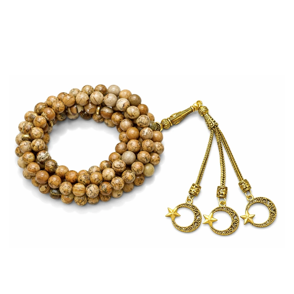 Picture Jasper Crystal Tasbeeh Sibha Prayer Beads (Gold)