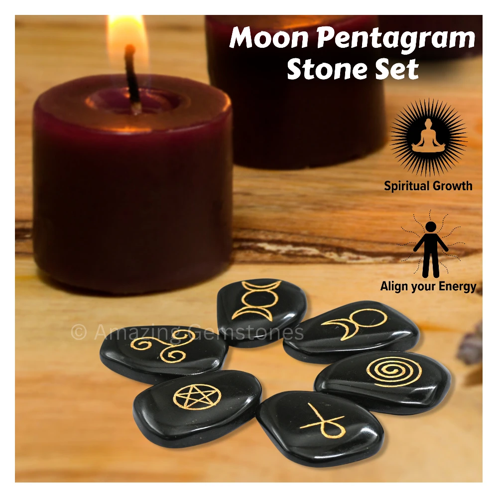 Black Agate Moon Pentagram Reiki Pagan Stones (Set of 6)