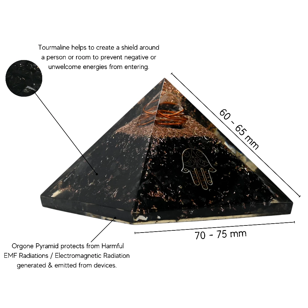 Black Tourmaline Orgone Pyramid - Hamsa