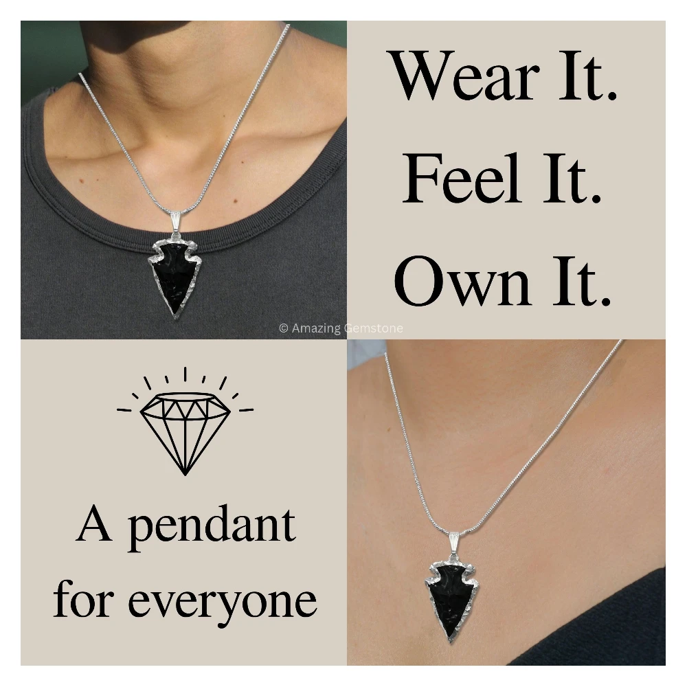 Black Obsidian Arrowhead Pendant - Silver Plated