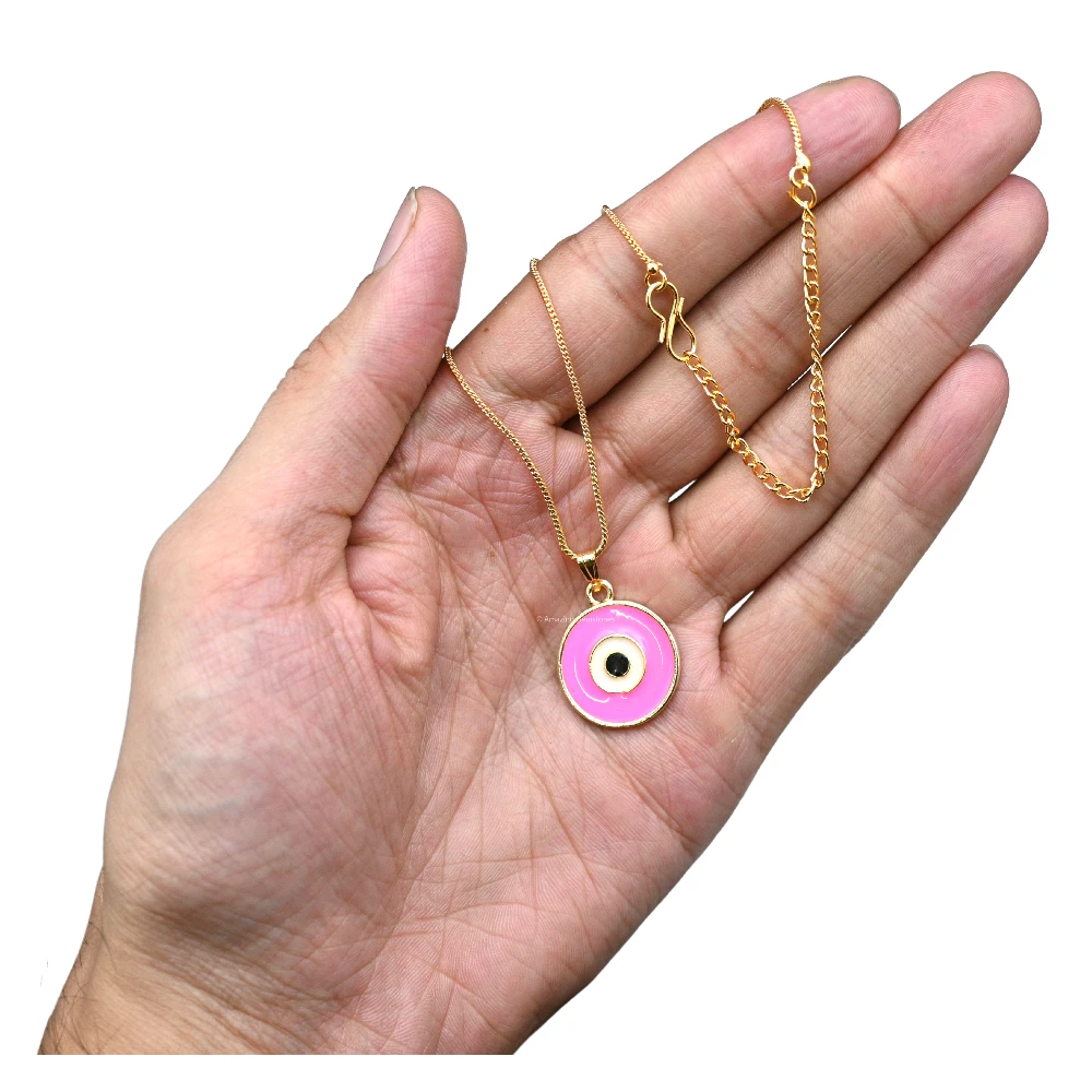 Pink Evil Eye Pendant - Round (Gold)