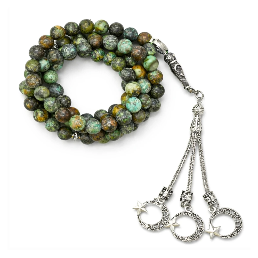 African Turquoise Crystal Tasbeeh Sibha Prayer Beads (Silver)