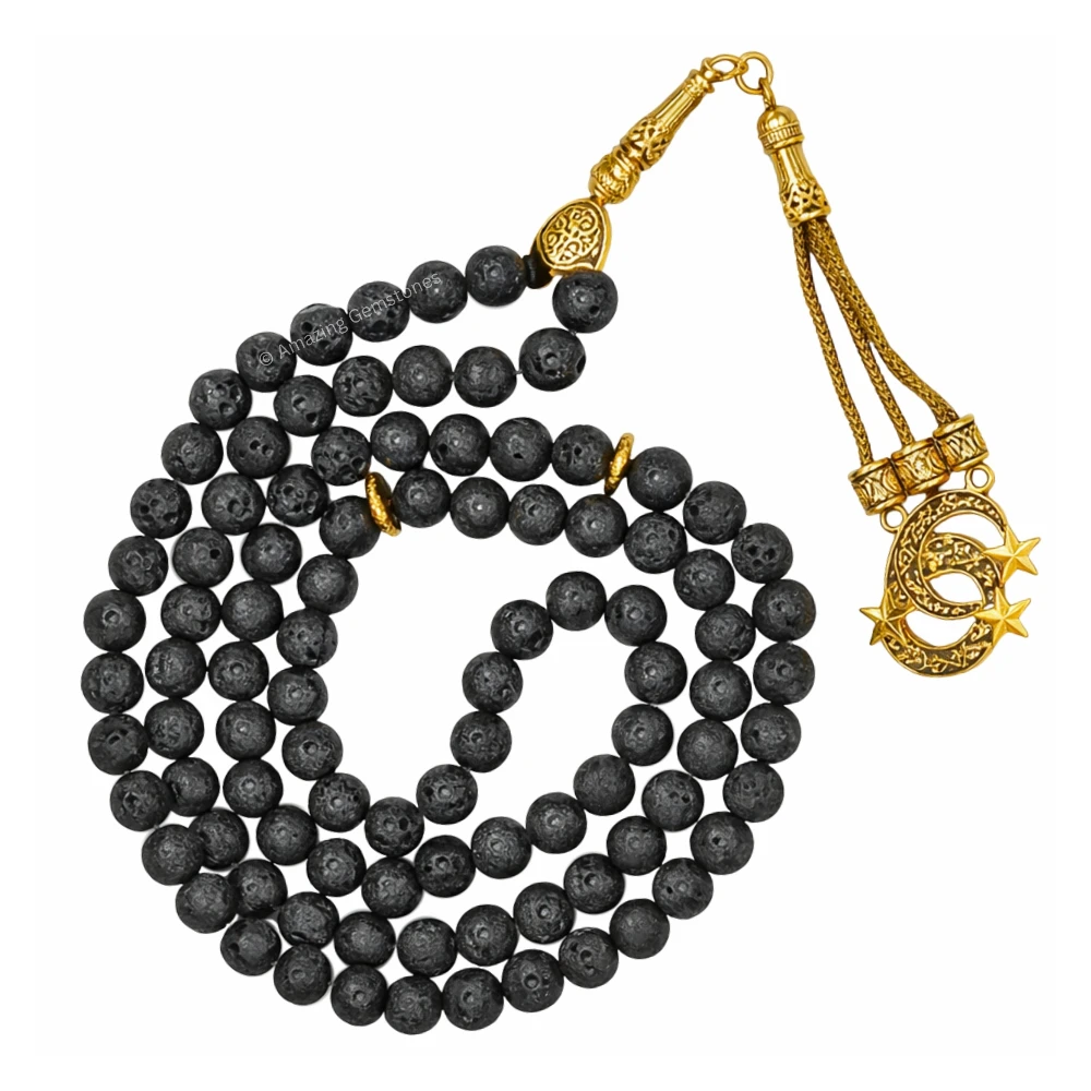 Lava Stone Crystal Tasbeeh Sibha Prayer Beads (Gold)