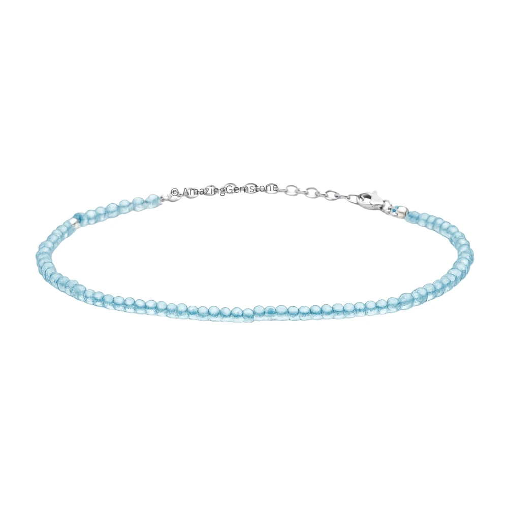 Aqua Chalcedony Crystal Bracelet - 2mm Faceted Bead (Silver)