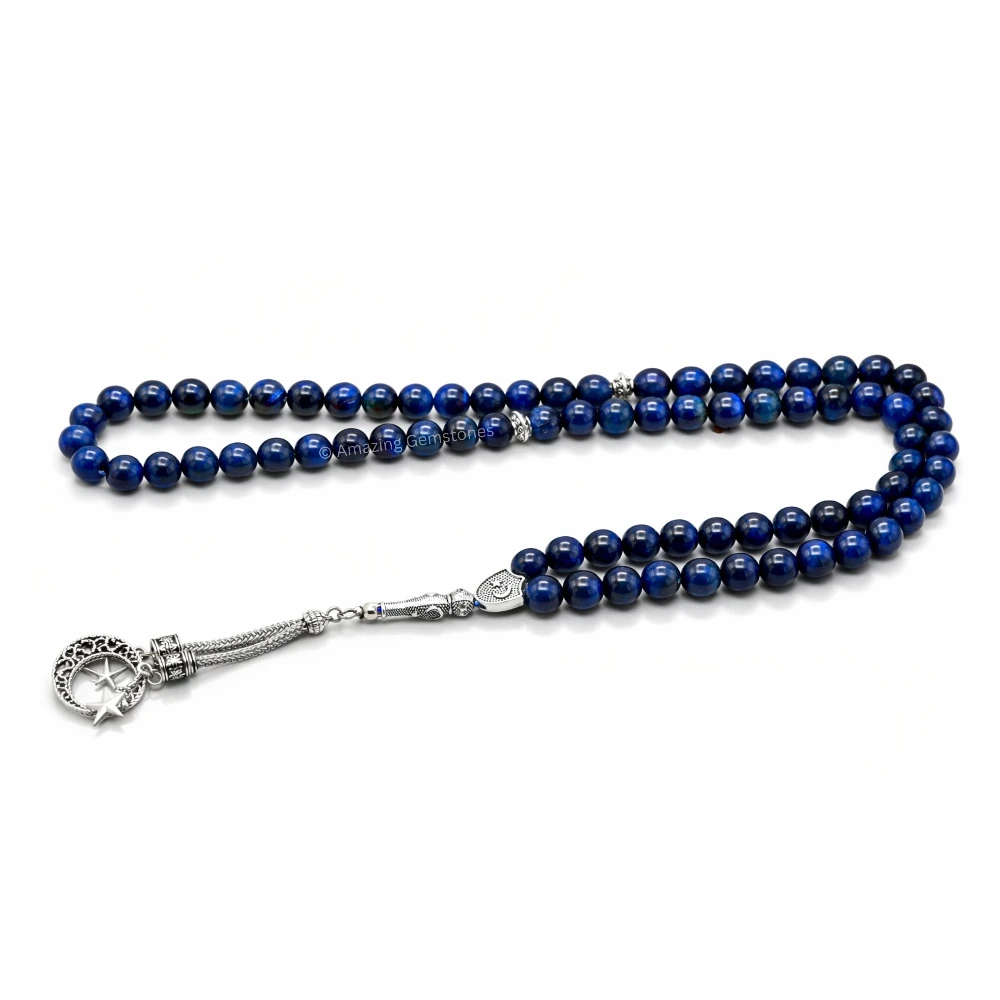 Blue Tiger Eye Crystal Tasbeeh Sibha Prayer Beads (Silver)