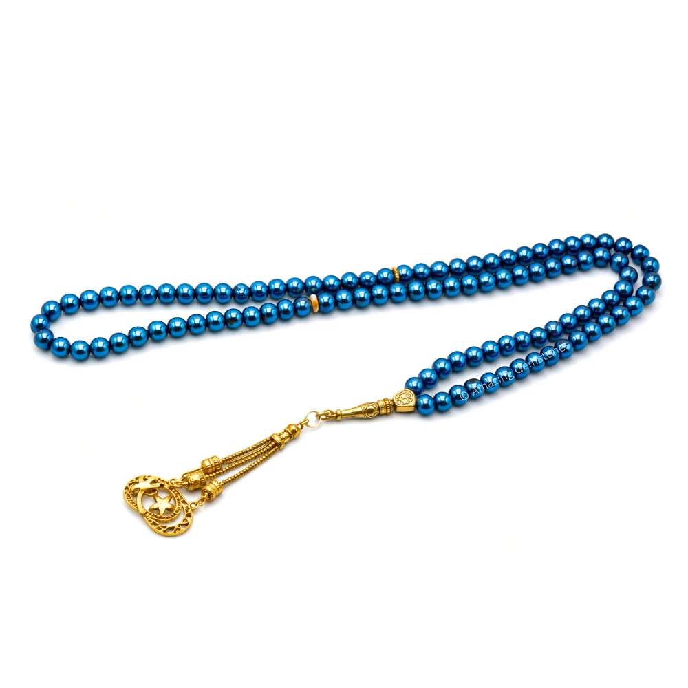 Blue Hematite Crystal Tasbeeh Sibha Prayer Beads (Gold)