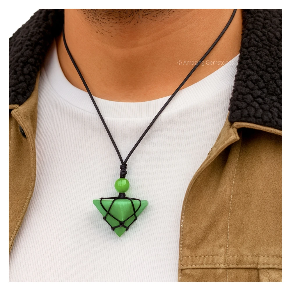 Green Aventurine Pyramid Pendant Necklace (Macrame)