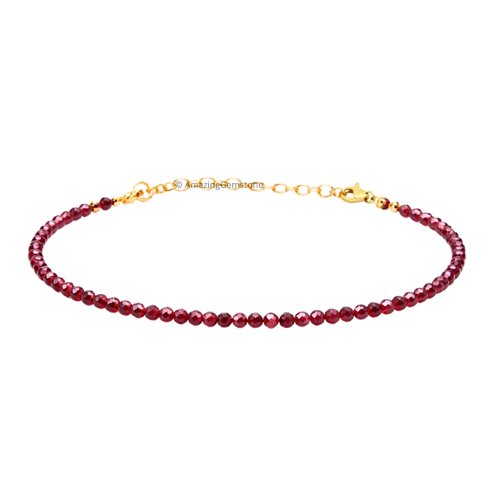 Red Garnet Crystal Bracelet - 2mm Faceted Bead (Gold)