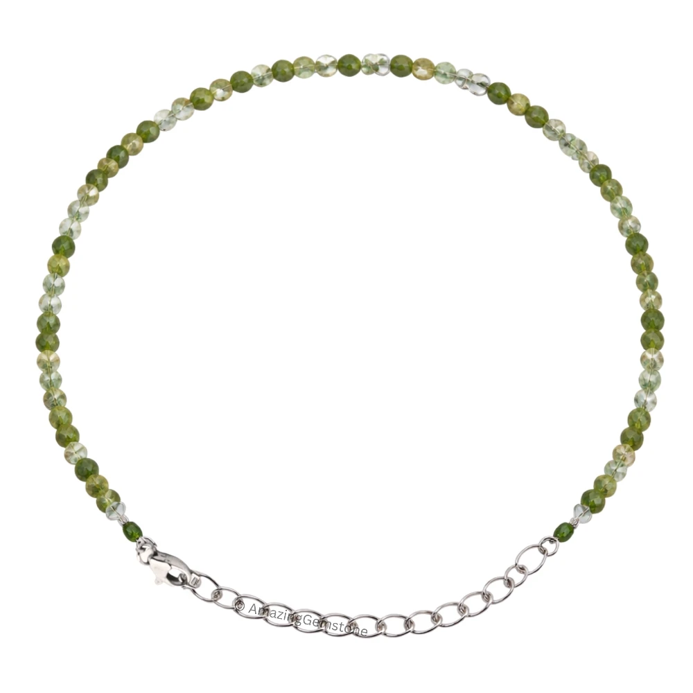 Green Rutilated Quartz Crystal Bracelet - 2mm Faceted Bead (Silver)