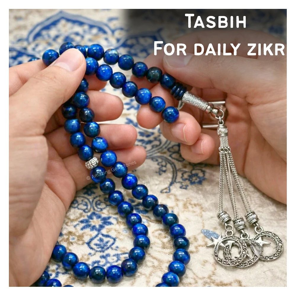 Blue Tiger Eye Crystal Tasbeeh Sibha Prayer Beads (Silver)