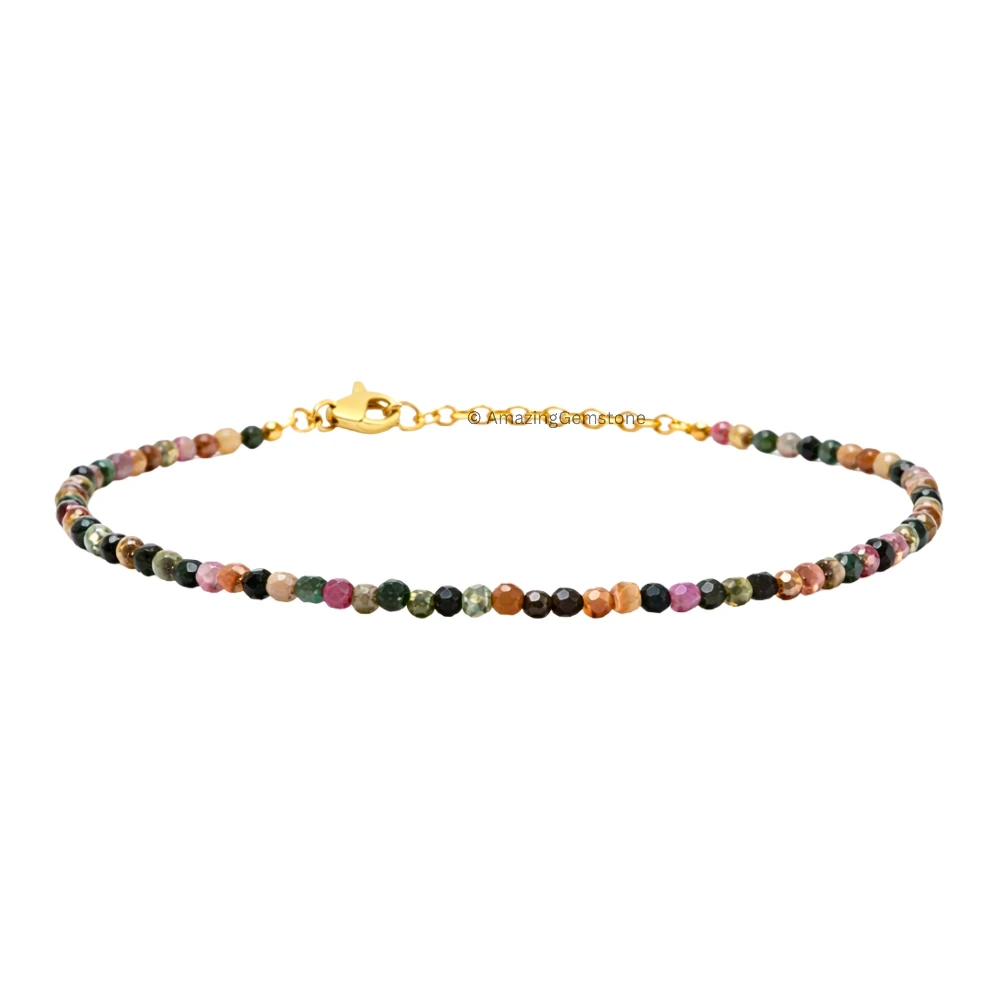 Multi Tourmaline Crystal Bracelet - 2mm Faceted Bead (Gold)