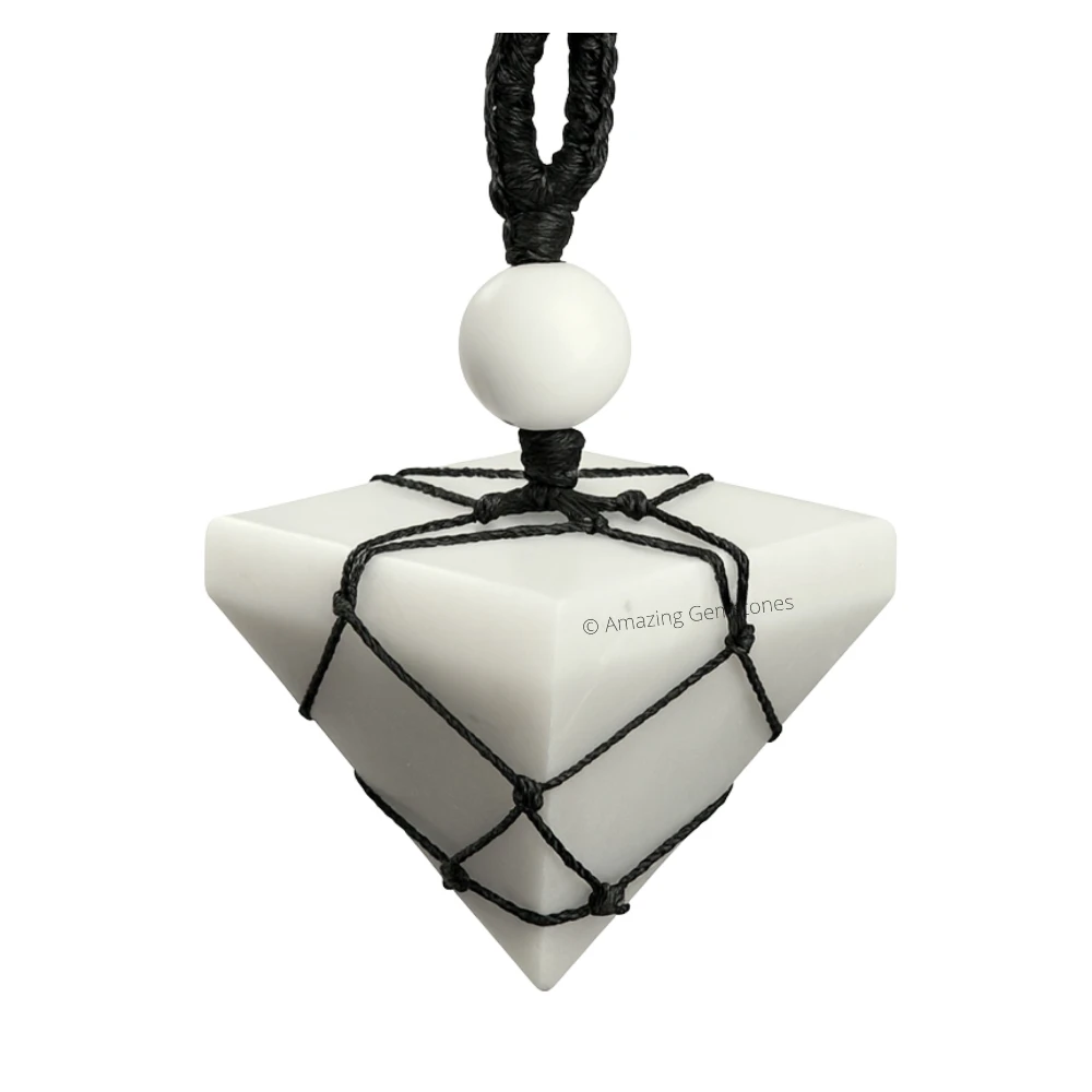 Snow Quartz Pyramid Pendant Necklace (Macrame)