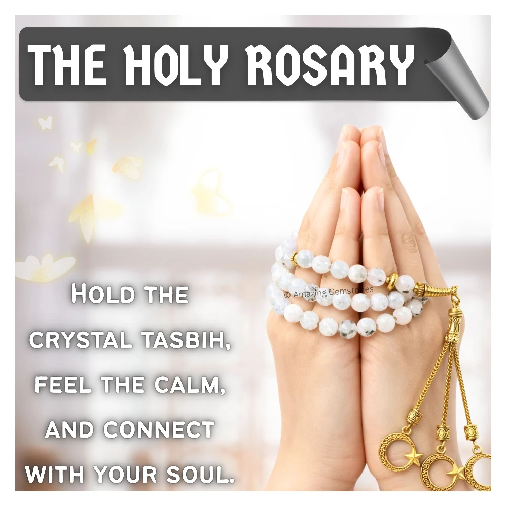 Rainbow Moonstone Crystal Tasbeeh Sibha Prayer Beads (Gold)