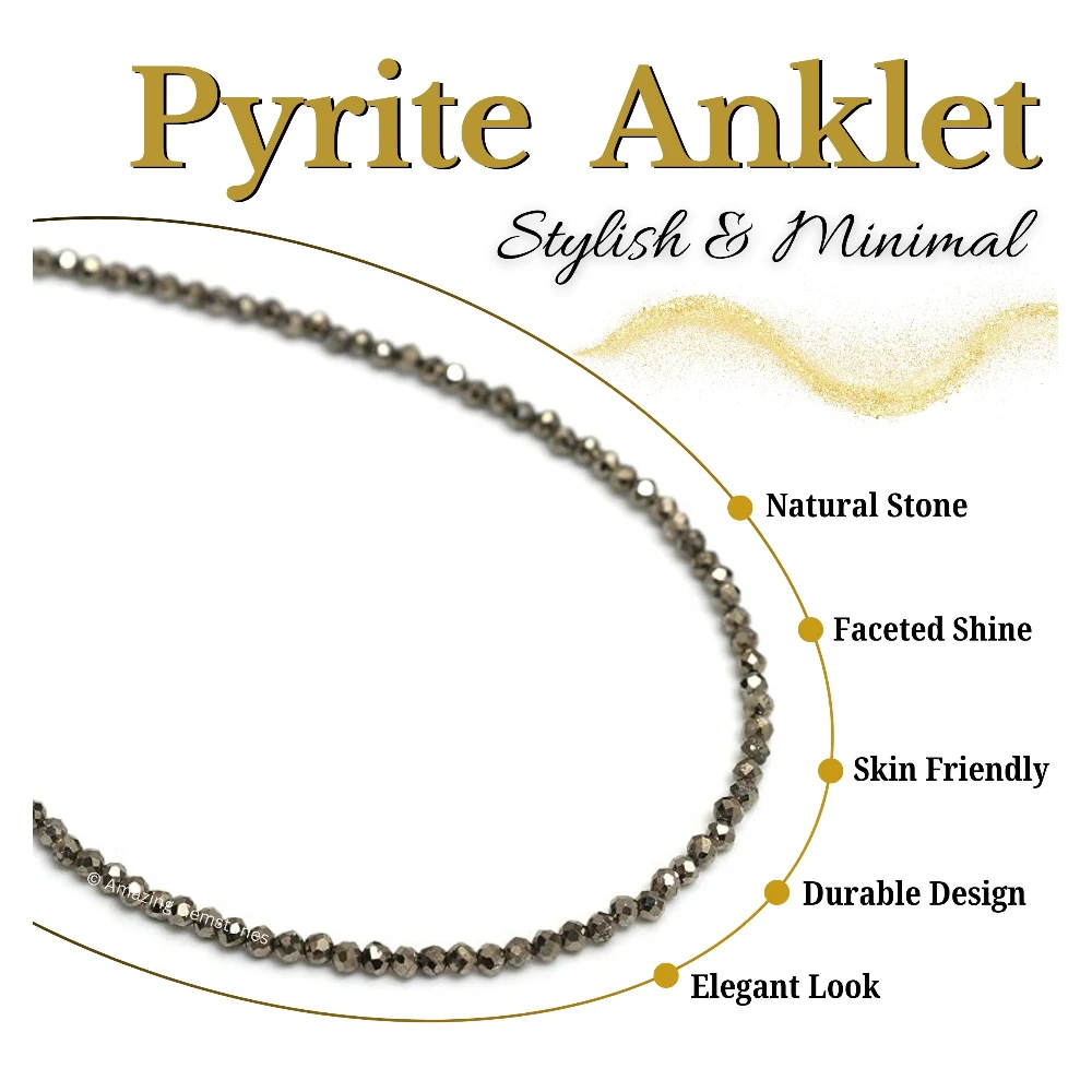 Pyrite Crystal Anklet - 2mm Faceted Bead (Silver)