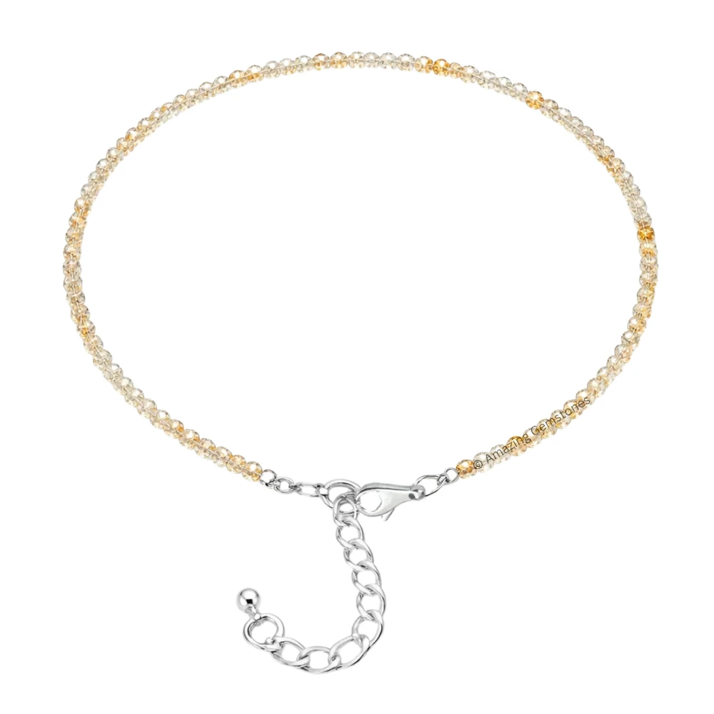 Golden Rutilated Quartz Crystal Anklet - 2mm Faceted Bead (Silver)