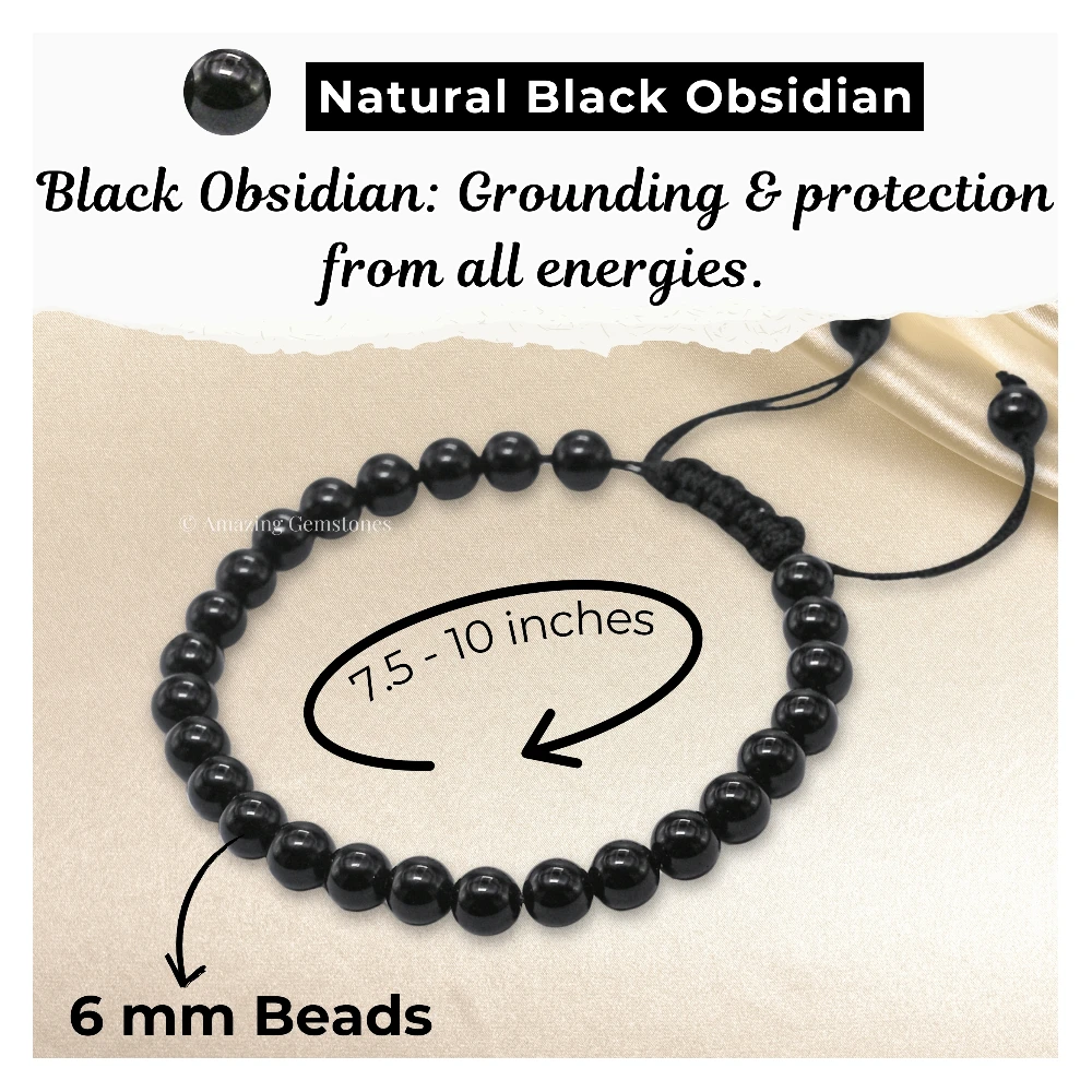 Black Obsidian Healing Crystal Bracelets - 6mm Beads (Adjustable)