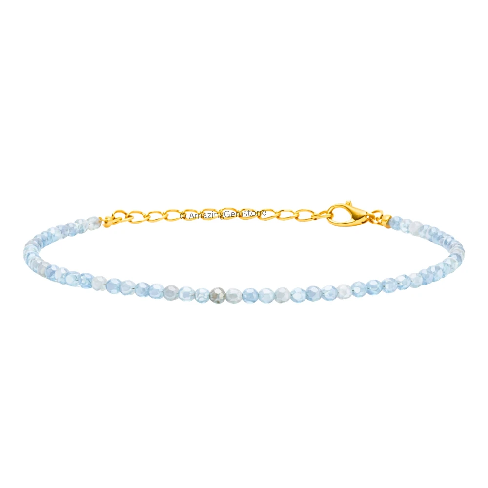 Aquamarine Crystal Bracelet - 2mm Faceted Bead (Gold)