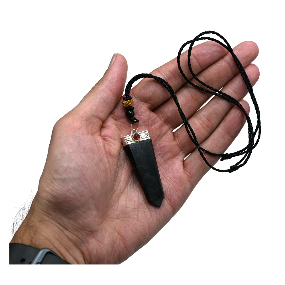 Shungite Necklace - Flat Pencil (Garnet)