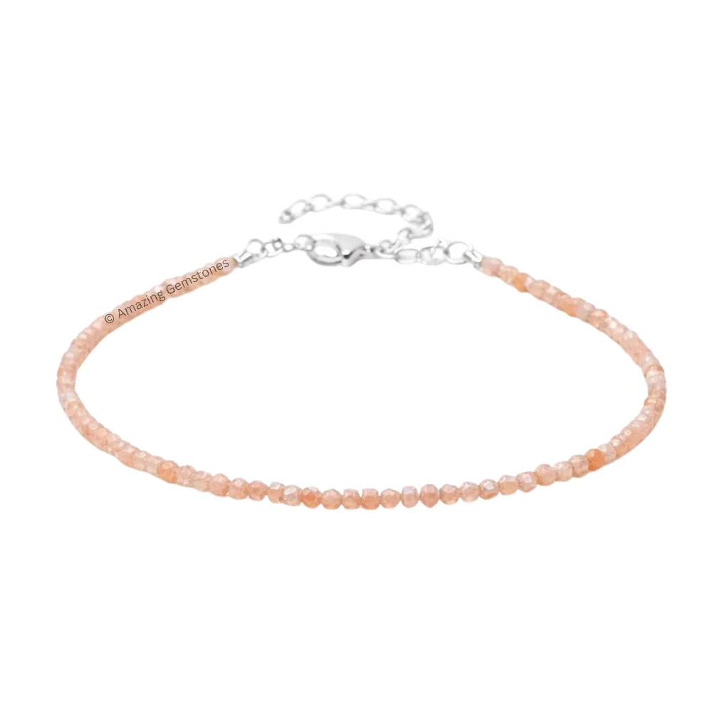 Peach Moonstone Crystal Anklet - 2mm Faceted Bead (Silver)
