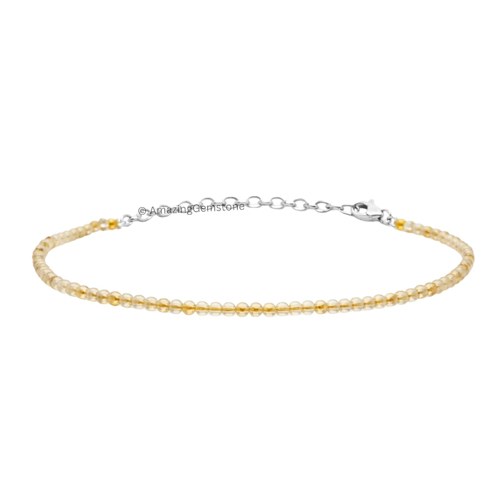 Golden Rutilated Quartz Crystal Bracelet - 2mm Faceted Bead (Silver)