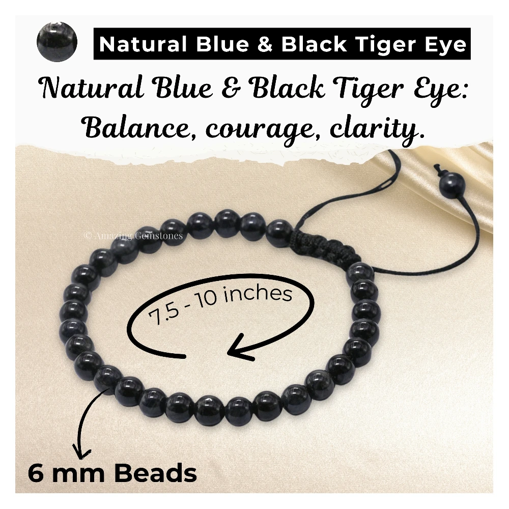 Blue & Black Tiger Eye Healing Crystal Bracelets - 6mm Beads (Adjustable)