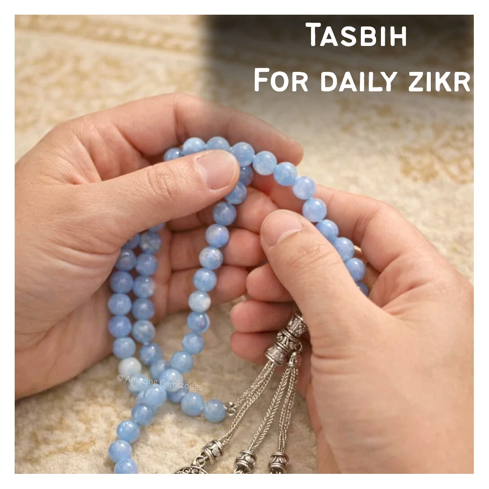 Aquamarine Crystal Tasbeeh Sibha Prayer Beads (Silver)
