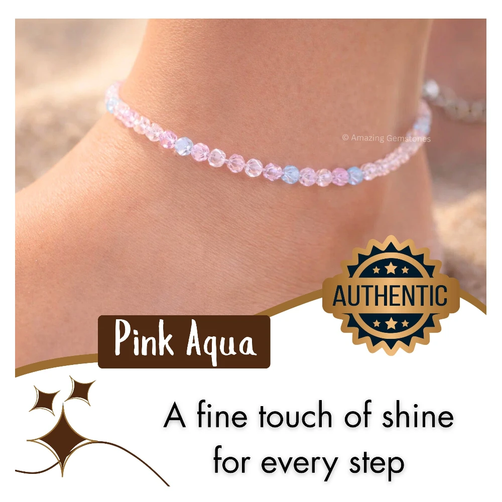 Pink Aqua Crystal Anklet - 2mm Faceted Bead (Silver)