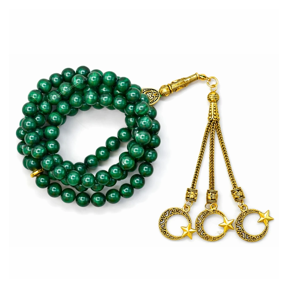 Malachite Crystal Tasbeeh Sibha Prayer Beads (Gold)