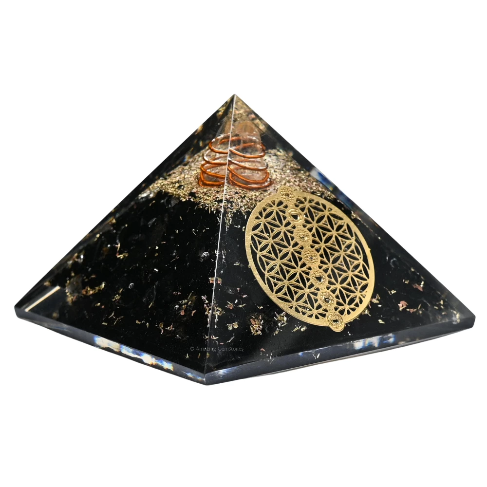 Black Tourmaline Orgone Pyramid - Chakra Flower of Life