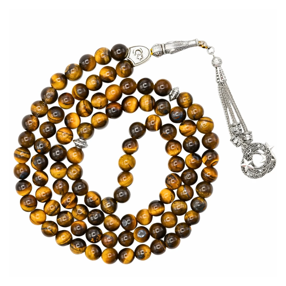 Tiger Eye Crystal Tasbeeh Sibha Prayer Beads (Silver)