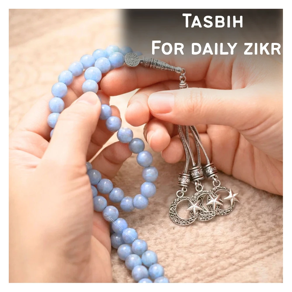 Angelite Crystal Tasbeeh Sibha Prayer Beads (Silver)