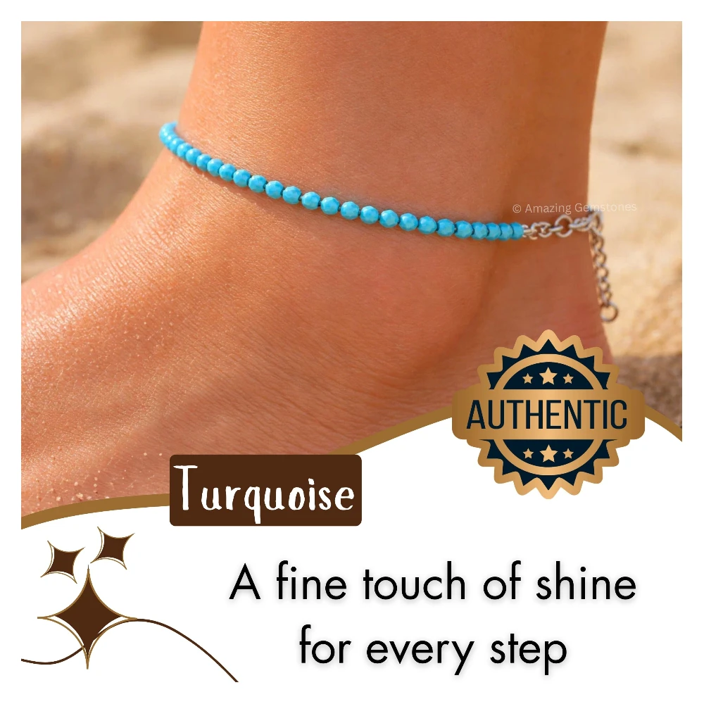Turquoise Howlite Crystal Anklet - 2mm Faceted Bead (Silver)