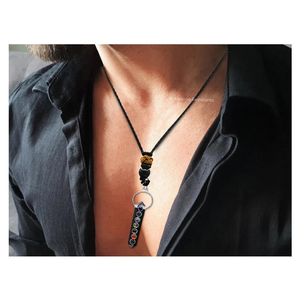 Shungite Necklace - Double Pointed with 7 Chakra