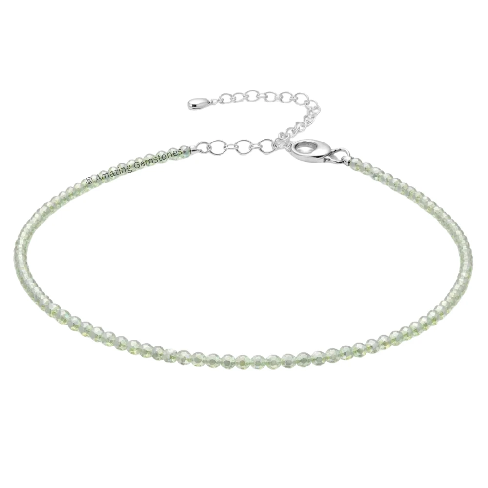 Prehnite Crystal Anklet - 2mm Faceted Bead (Silver)