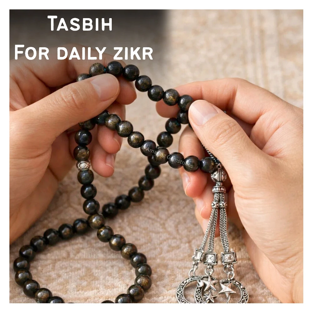 Gold Sheen Obsidian Crystal Tasbeeh Sibha Prayer Beads (Silver)