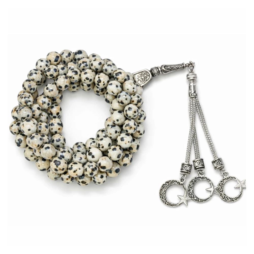 Dalmatian Jasper Crystal Tasbeeh Sibha Prayer Beads (Silver)